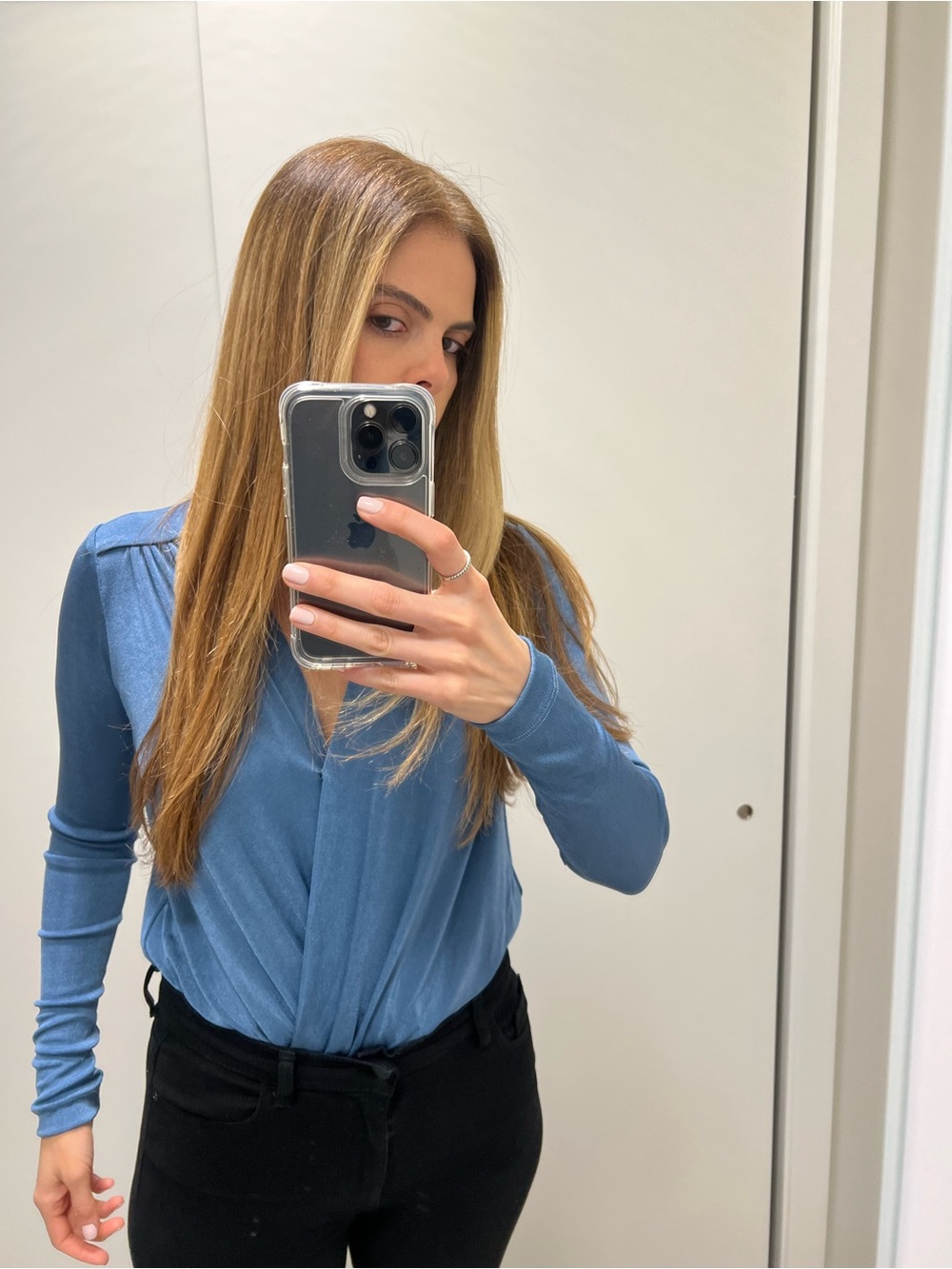 Free People Women's Draped V-Neck Long Sleeve Top in Dusty Blue Bodysuit